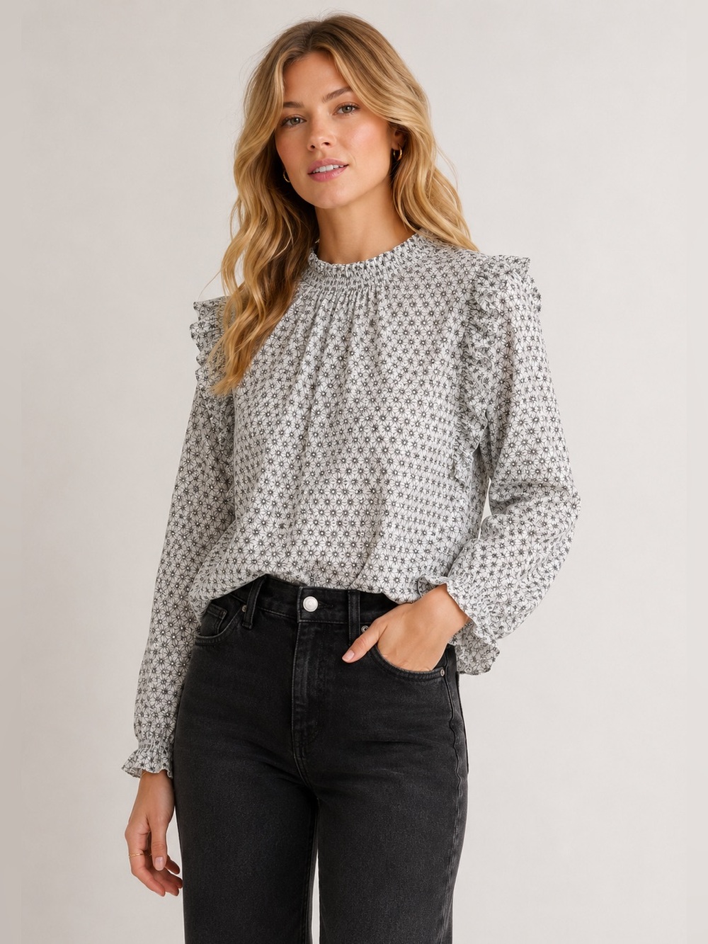 SUNDAYS Alexa Blouse – Size Medium – 100% Cotton Ruffle Geometric Print Top